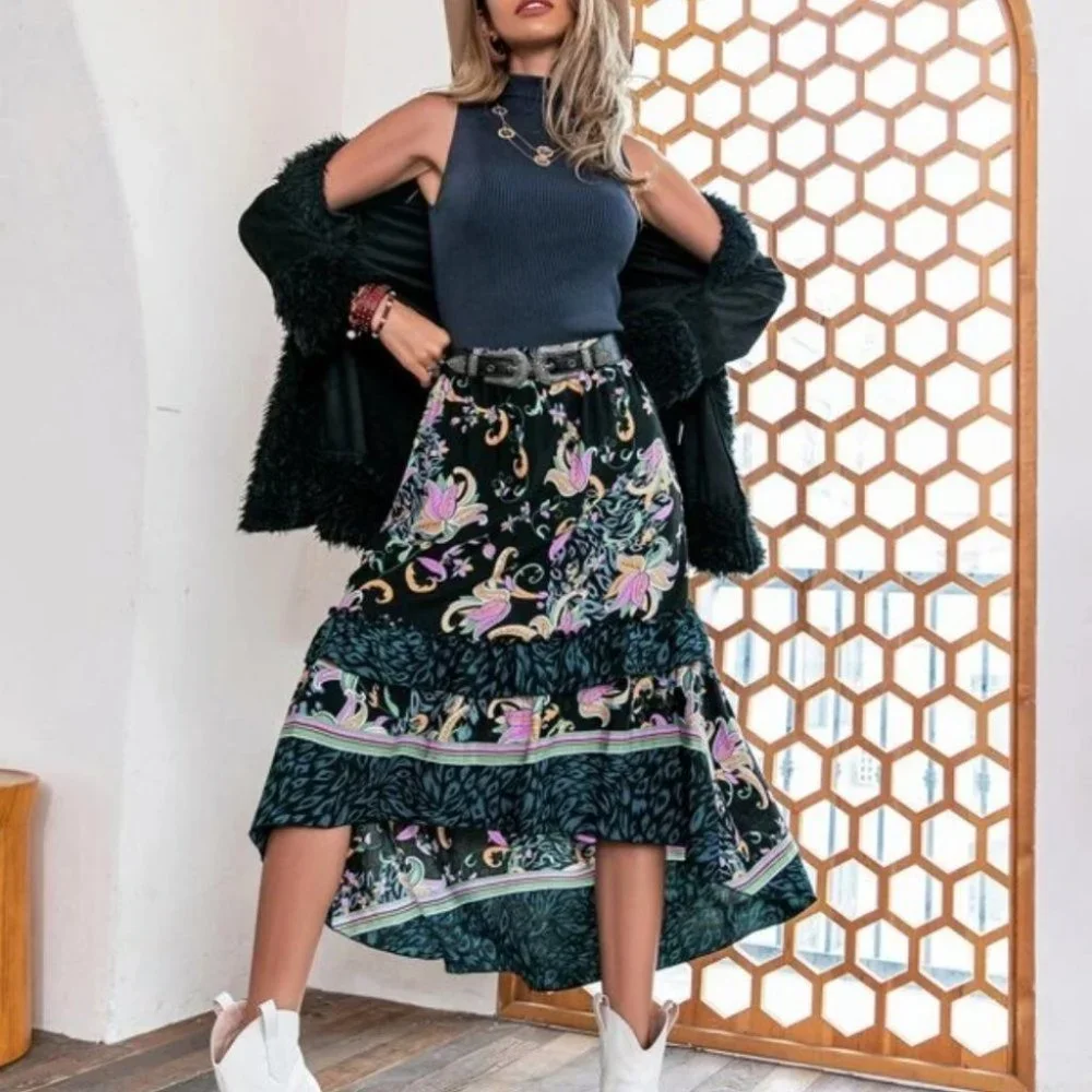 Boho Beauty Floral Asymmetrical hi low Ruffle Hem Skirt_3